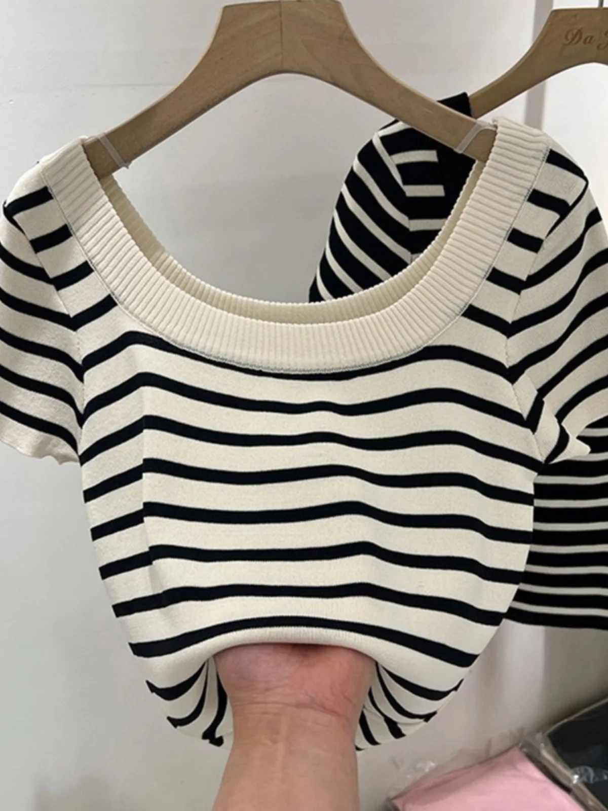 حجم كبير المرأة منخفضة مستديرة Ne الترقوة مخطط محبوك ort Sve تي شيرت الصيف ort عالية الخصر التخسيس