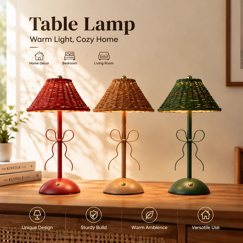 Rattan Table Lamp, Vintage Bowknot Woven Night Light, USB Rechargeable Ambient Decor for Bedroom Bedside Outdoor Camping, Gifts!