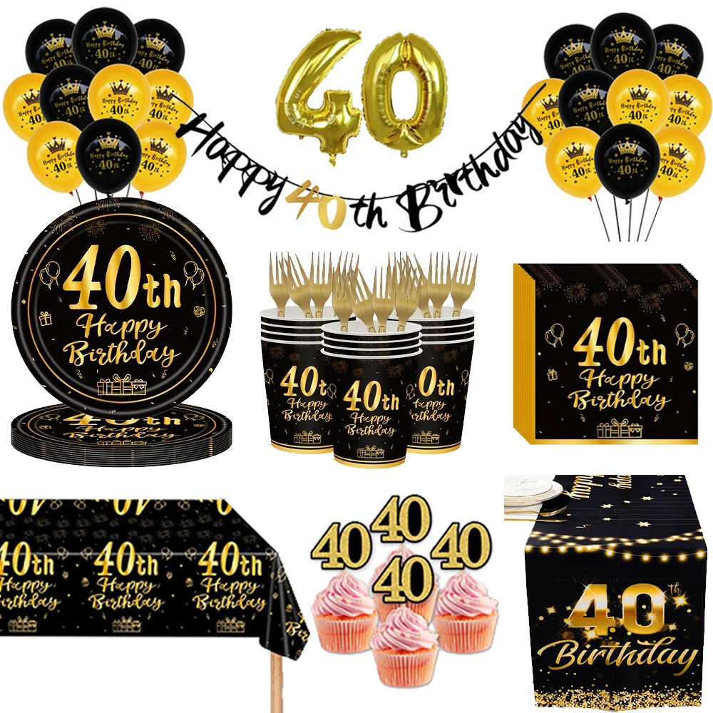 40th Birthday Party Black Gold Disposable Tableware Plate Cup Napkin Tablecloth Balloon Banner Men Women Party Decor Supplies