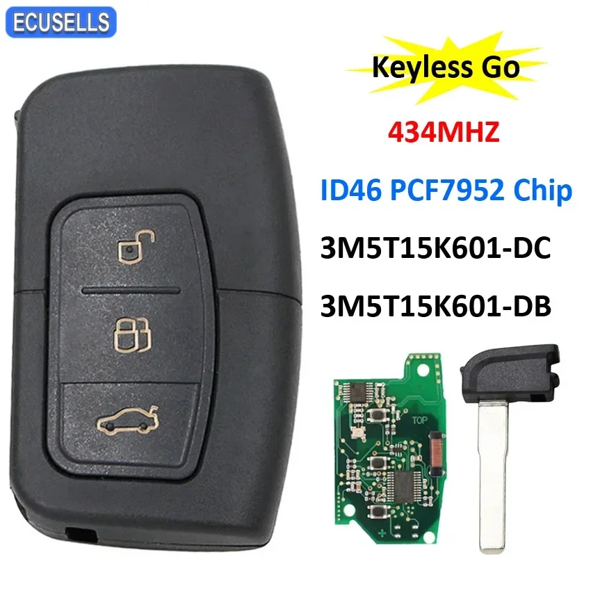 Ecusells Keyless Go Remote Smart Key 433.92Mhz ID46 PCF7952 Chip for Ford C-Max Focus MK2 Kuga Mondeo Galaxy 3M5T15K601-DC/DB