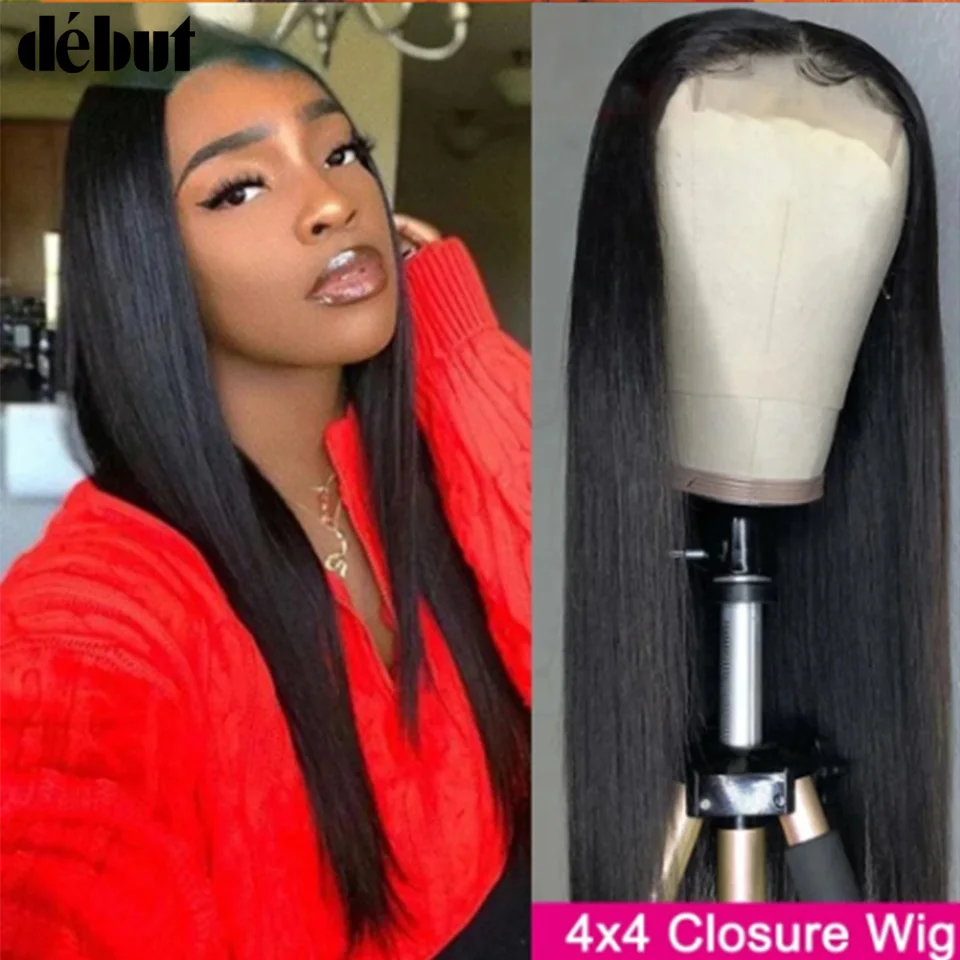 

Распродажа: Длинные прямые парики с кружевной застежкой 4x4 из 100% натуральных человеческих волос для женщин, без клея, бразильские, редеми, натуральный черный цвет