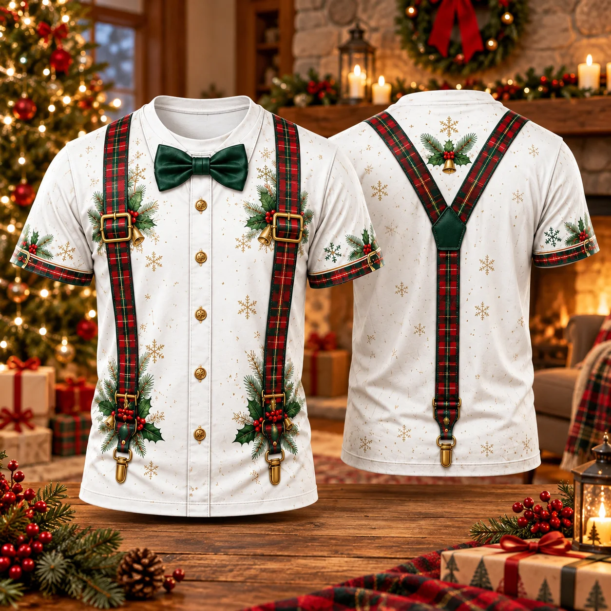 2026 New Christmas 3D Print T Shirt Men Short Sleeve Round Neck Tee, Fake Suspender Bow Tie Xmas Holly Bell Printed Top Holiday