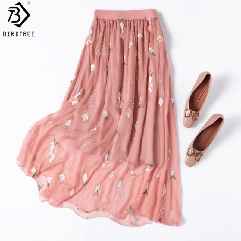 

Юбка Birdtree из 100% натурального шелка с вышивкой, двойной креп, женская элегантная юбка из жоржета, эластичный пояс, новинка весны 2026 D63316JF