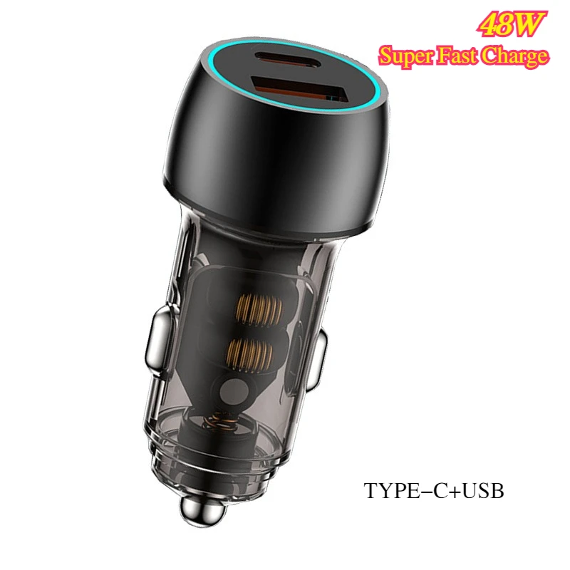 

48W 2 Port Mini Car Charger with Super PD20W QC3.0 Fast Charging USB car Cigarette Lighter Adapter Transparent Design for phones