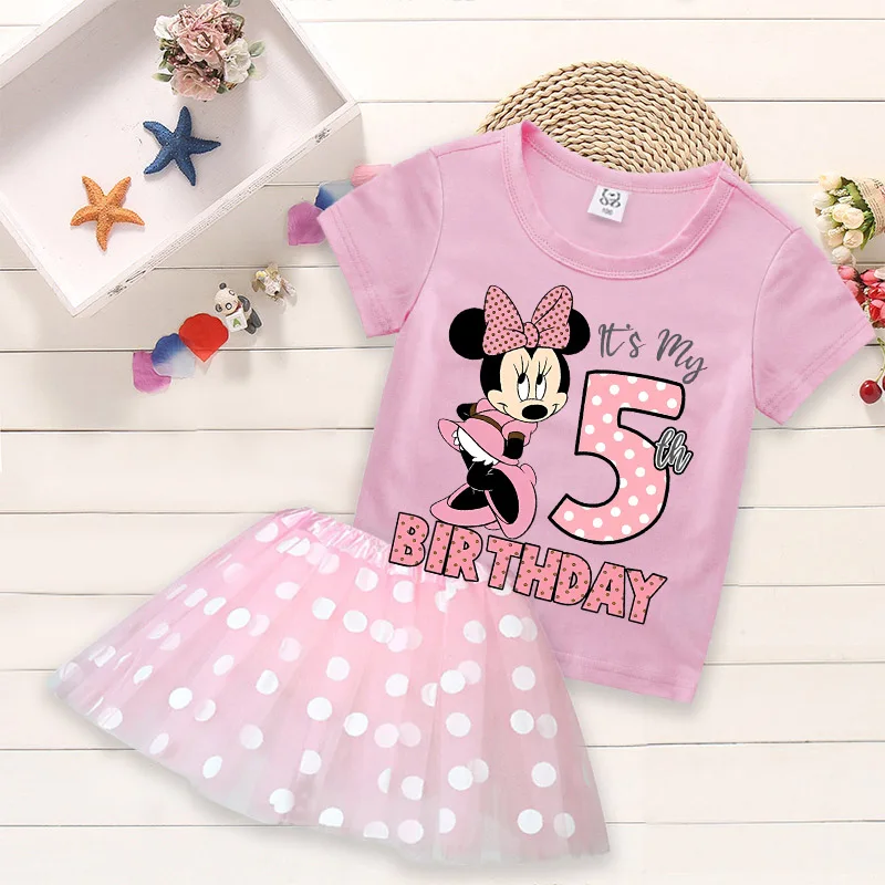 T-shirt con numeri di compleanno di Minnie Mouse + gonna corta Set di vestiti per ragazza Disney Anime Figure manica corta + gonna in filato T-shirt abito Kawaii