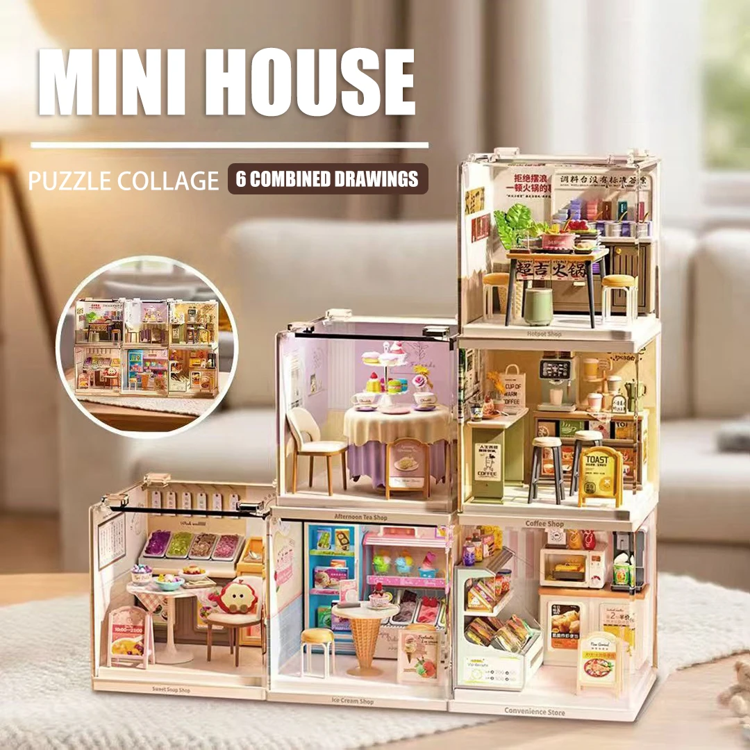 Creative DIY House Mininatures Scene Assemble Model Kit with Dust Cover Dessert Ice Cream Shop Mini DollHouse Models Toys Gifts