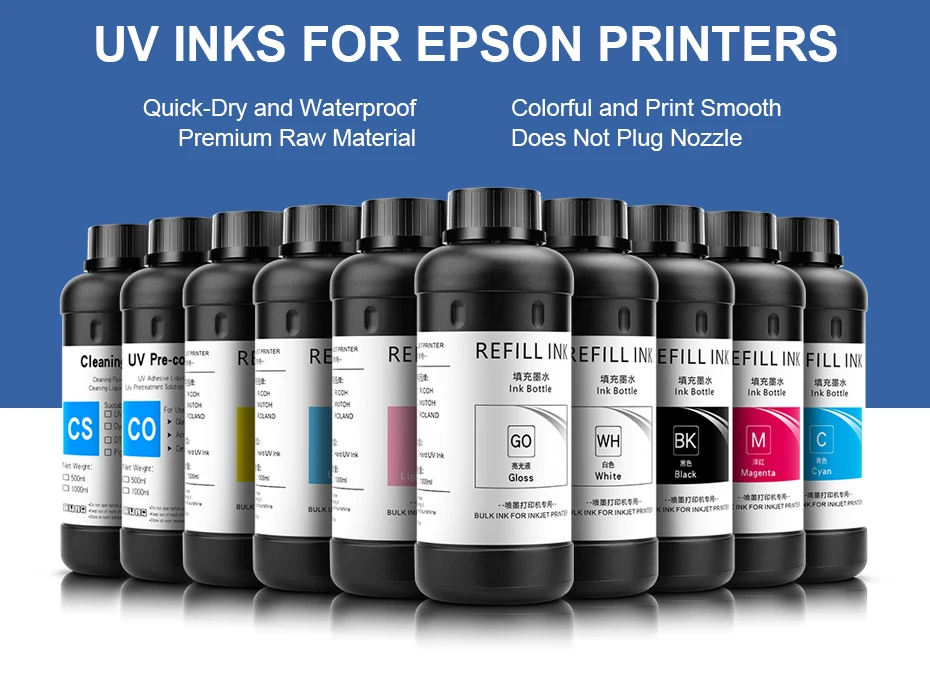 Inchiostro UV Rigido 500 Ml Per Stampanti Piane UV, Compatibile Con Epson DX5/DX4/DX3/DX6/DX7/XP600, Marca MZ Max