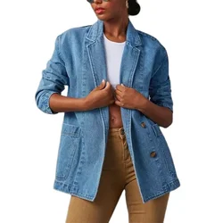 Women New Large Pockets Patchwork Suit Collar Denim Jacket Two Button Cardigan Long Sleeve Coat Female Office Commuter Outerwear