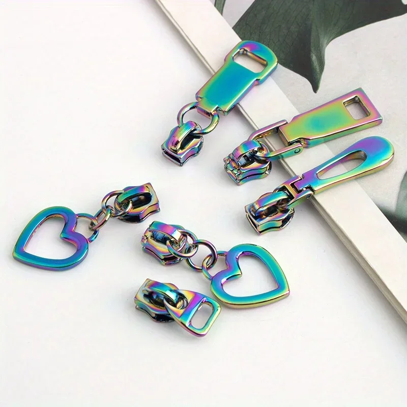 5PCS Rainbow 3# metal nylon tooth zipper puller slider 5# heart-shaped zipper puller replaceable iron tooth wallet pull tab