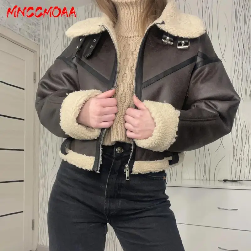 MNCCMOAA-giacca da donna in finta pelle di lana di agnello calda spessa cappotto femminile capispalla con cerniera Casual top da donna inverno di alta qualità 2024