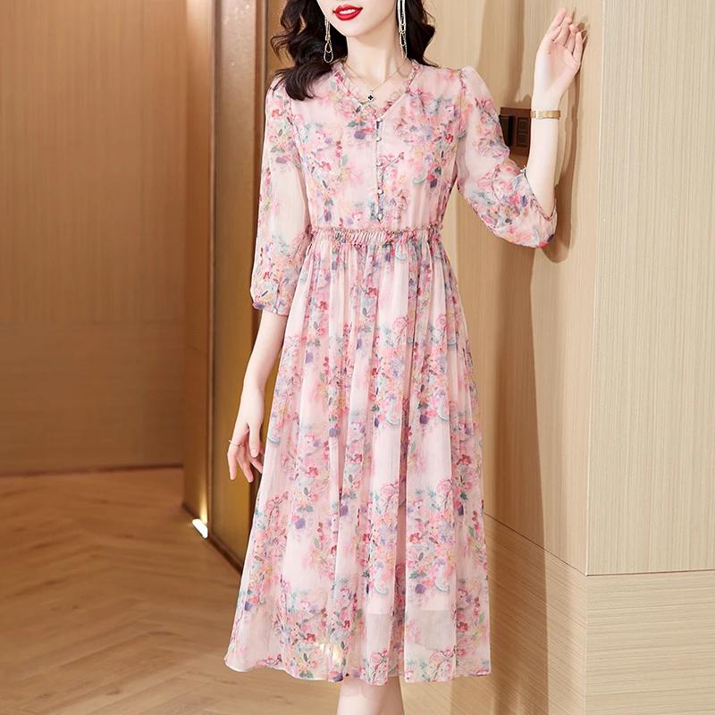 

Green Floral Vintage Summer Mulberry Silk Dress For Women Midi Tunics Elegant 2022 Korean Fashion Casual Party Maxi Vestidos