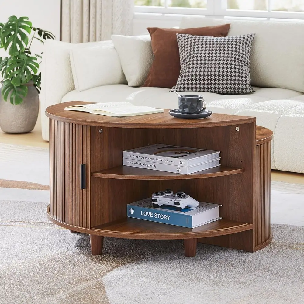

Round Coffee Table with Sliding Doors, Modern Circular Accent Center Table with Storage for Living Room, Walnut Finish