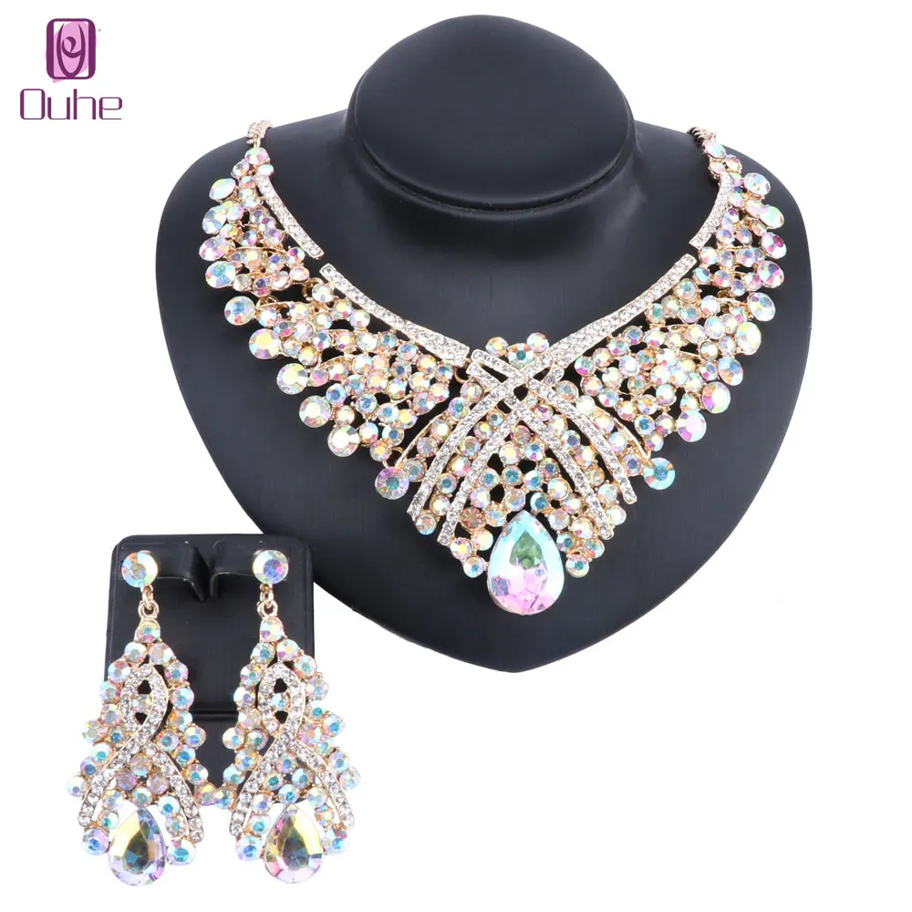 Women's Fashion Crystal Teardrop Hollow Scroll Statement Necklace Earrings Prom Costume Jewelry Set