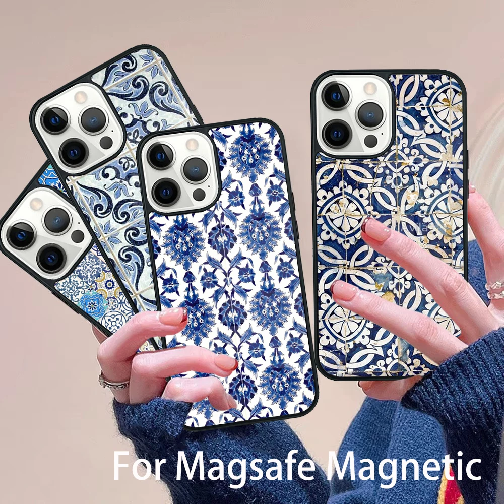 

art Decorative Moroccan Tile Phone Case Magesafe Magnetic Wireless Charge Cover For IPhone 16 11 12 13 14 15 Pro Max Plus Mini