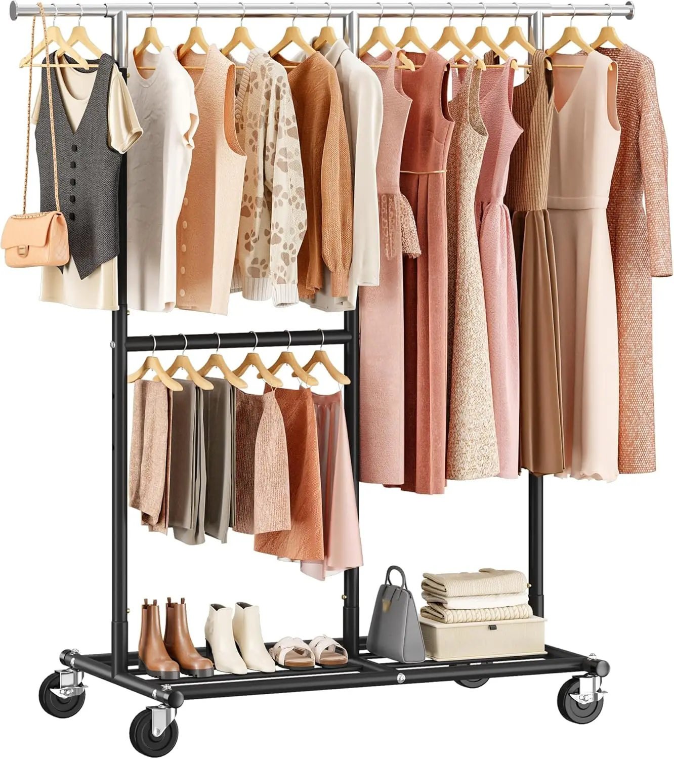 

Heavy Duty Clothes Rack Adjustable Clothing Rack with Wheels 455 LBS Static Load Capacity 69.1" W Rolling Garment Rack for Walk-