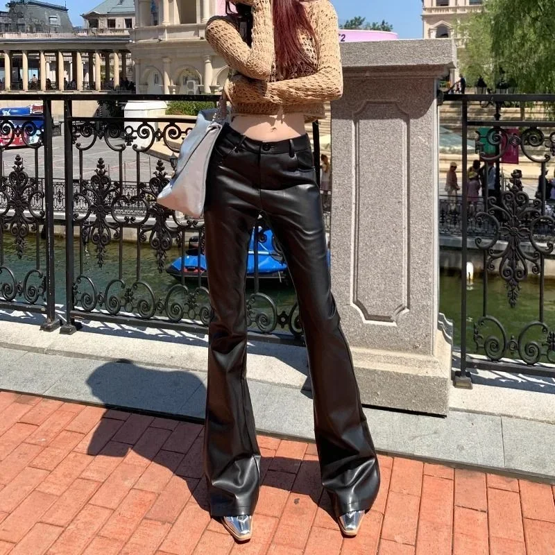 High Waist Woman Trousers Sexy Black PU Leather Flare Pants For Women Vintage Harajuku Elastic One Size Clothing Elegant Sale G