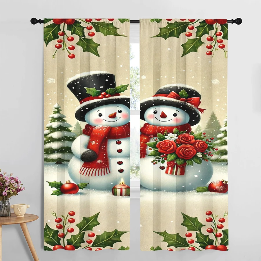 2PCS Digital Print Curtains, Couple Snowmen Top Hats Red Scarves Holly Berries Snowy Scene, Romantic Winter Illustration Style