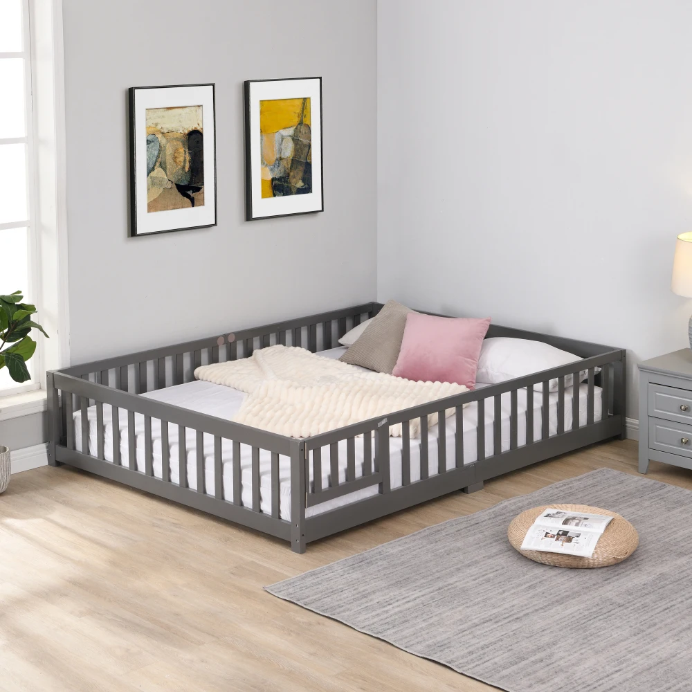 

full Size Floor Bed with Door,Solid Wood Platform Bed Frame with Fence,Suitable for children,Pine Wood,Gray