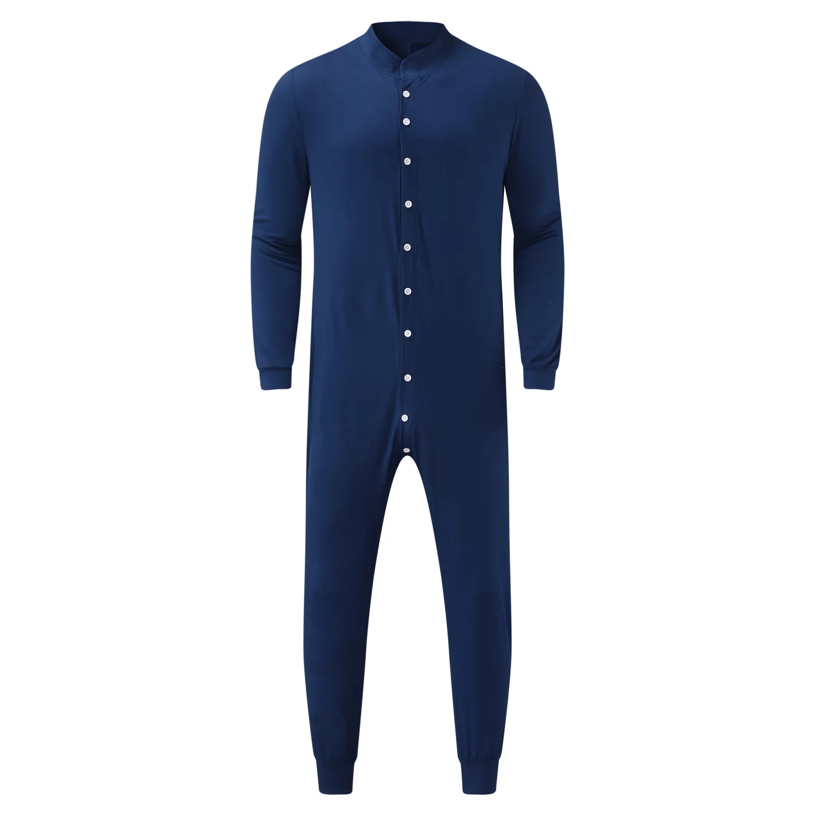 Men\'S Jumpsuit Pajamas Casual Solid Stand Collar Button Open Hip Homewear Autumn Winter Long Sleeves Sleepwear Jumpsuits For Man