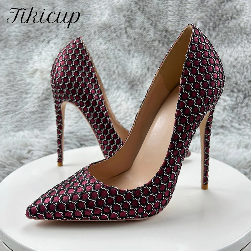 Tikicup Mesh Pattern Women Sexy Wine Red Pointy Toe High Heel Shoes Burgundy Slip On Stiletto Pumps for Party Show 8cm 10cm 12cm