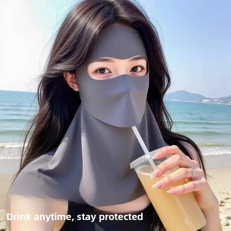 Ice Silk Full Face Sunshade Mask Women's Summer Breathable High Aesthetic Value Face Baseini Korean Style Rectangle Shape