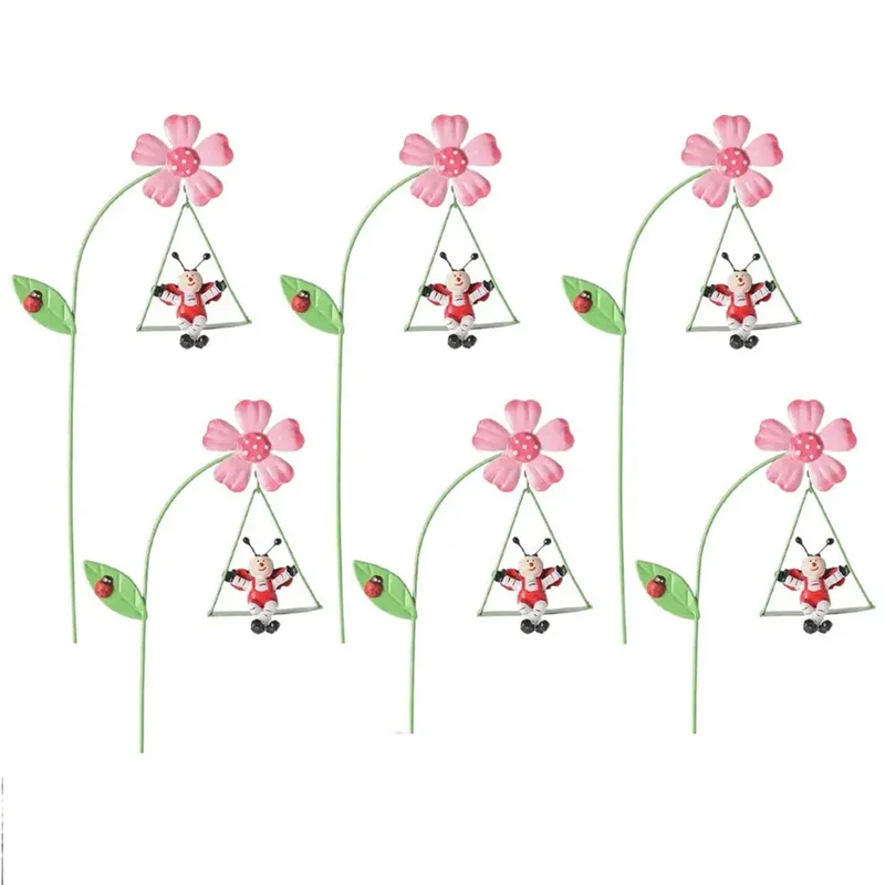 

A21I-Iron Garden Flowers 6Pcs Decorative Iron Plant Stakes 10.6 Inch Ornamental Yard Stakes With Cute Animals On Swings