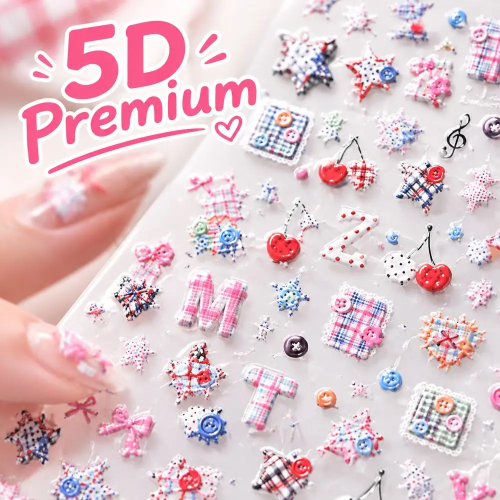 5D Embossed Patchwork Nail Decals 1Pc Colorful Cherry Letter Star Self‑Adhesive Stickers For Women Hand Nail Art Manicure Craft