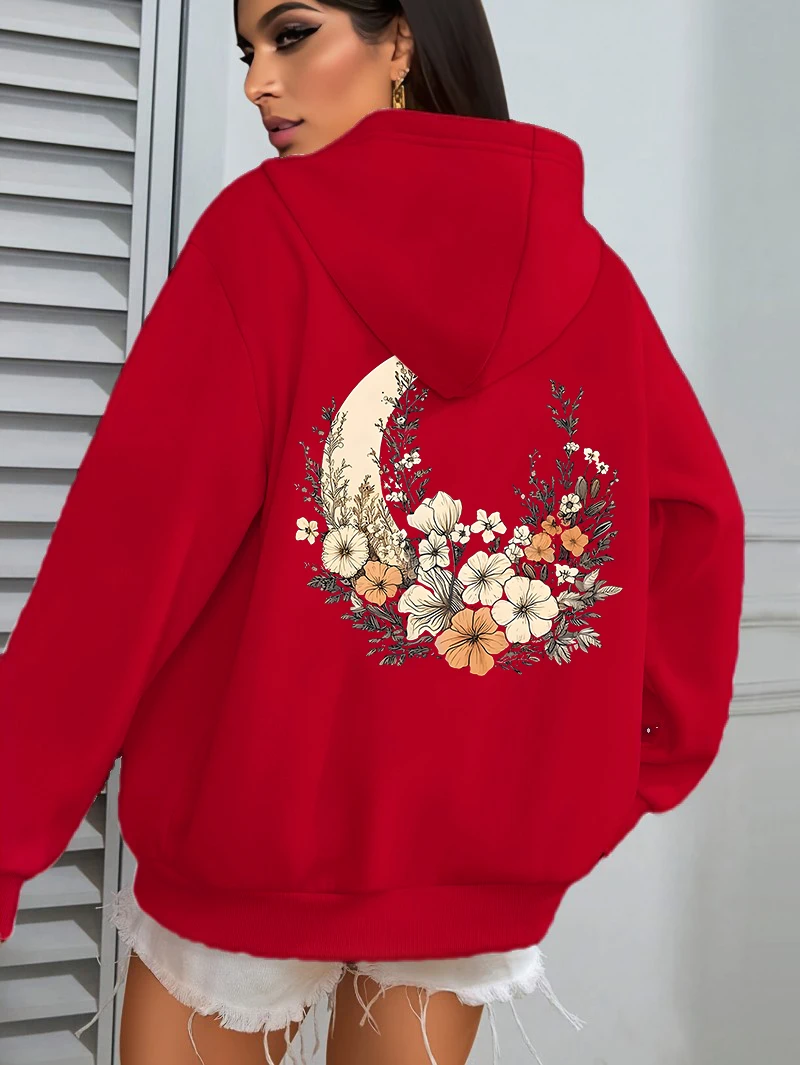 花と月のプリント女性用パーカーファッションベーシックプルオーバー秋ルーズオールマッチトップフリーストレンディユニセックス暖かい服