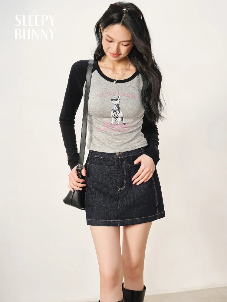 

Slim Fit Raglan Sleeve T-Shirt Women Stretchy Lyocell Long Sleeve Casual Tee Early Autumn Contrast Top Streetwear Layered Looks