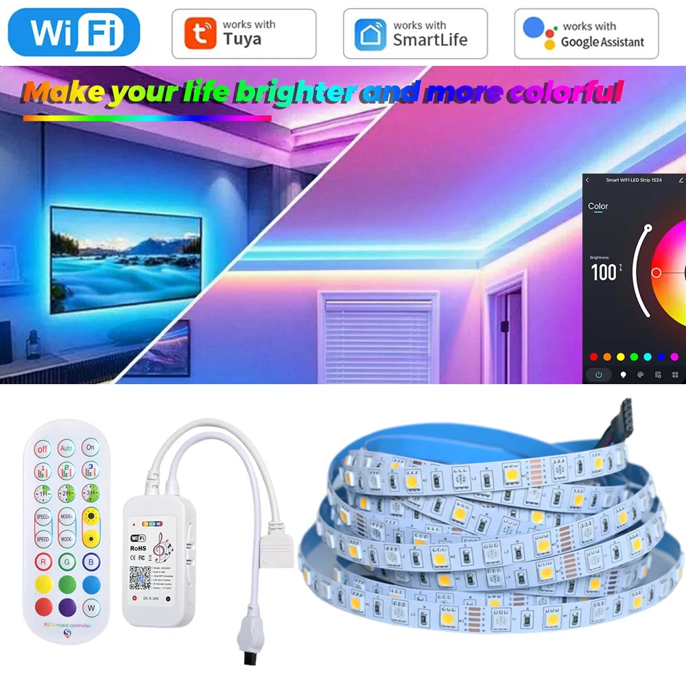 

Tuya WiFi RGBW RGBWW 5050 SMD Светодиодная лента 5 м 10 м с регулируемой яркостью, пульт дистанционного управления, гибкая комнатная вечеринка, игровой светильник для Alexa Google Assistant