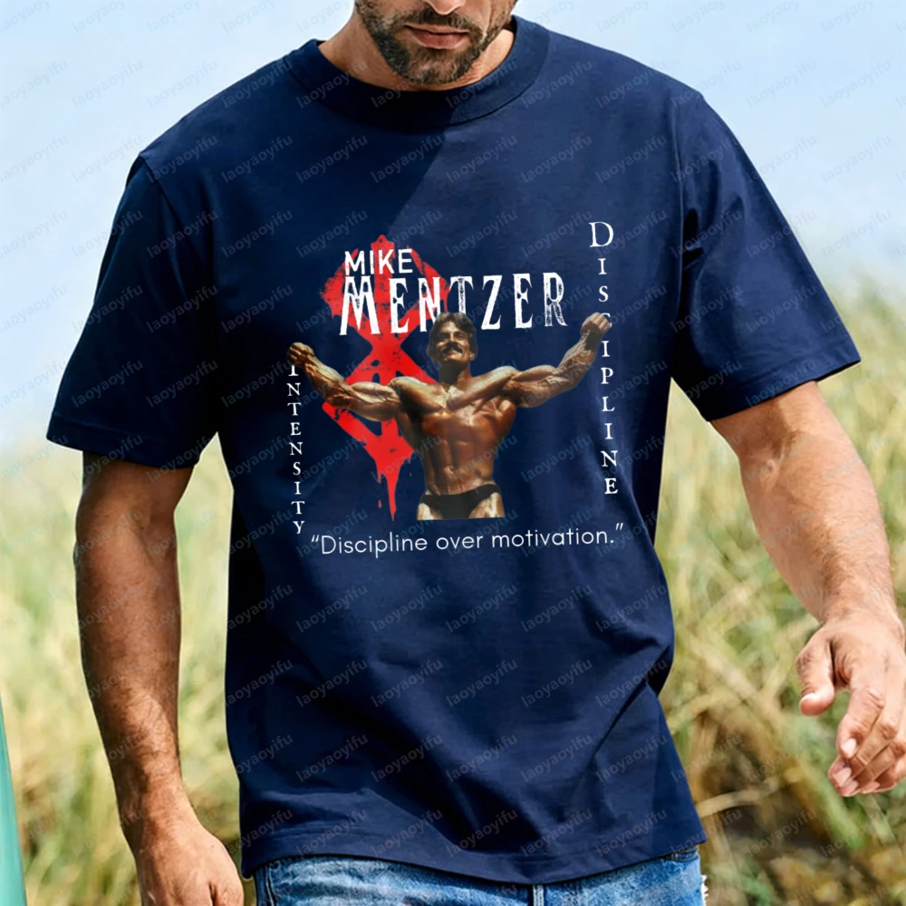 Mike Mentzer Discipline Over Motivation Cotton T-Shirt for Men Vintage Classic Gym Quote Graphic Tee HIT Training Casual Tops