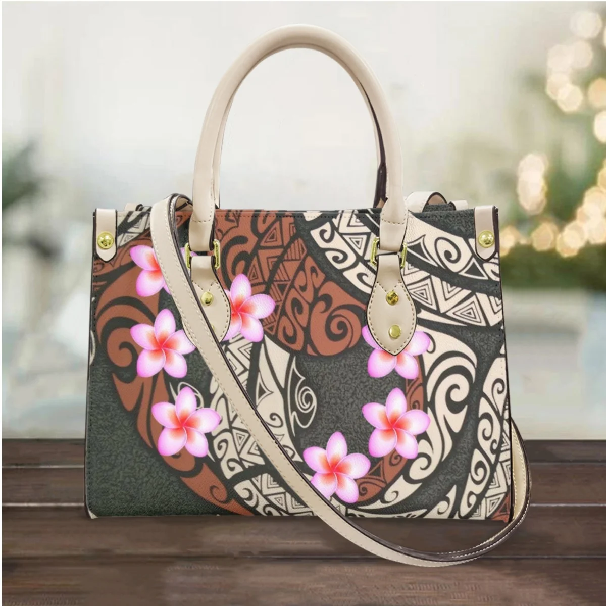 

Hawaii Polynesian Plumeria Printed Women Small Tote Handbags Luxury Design Top-handle Cross Body Bags Pu Leather Messenger Bags