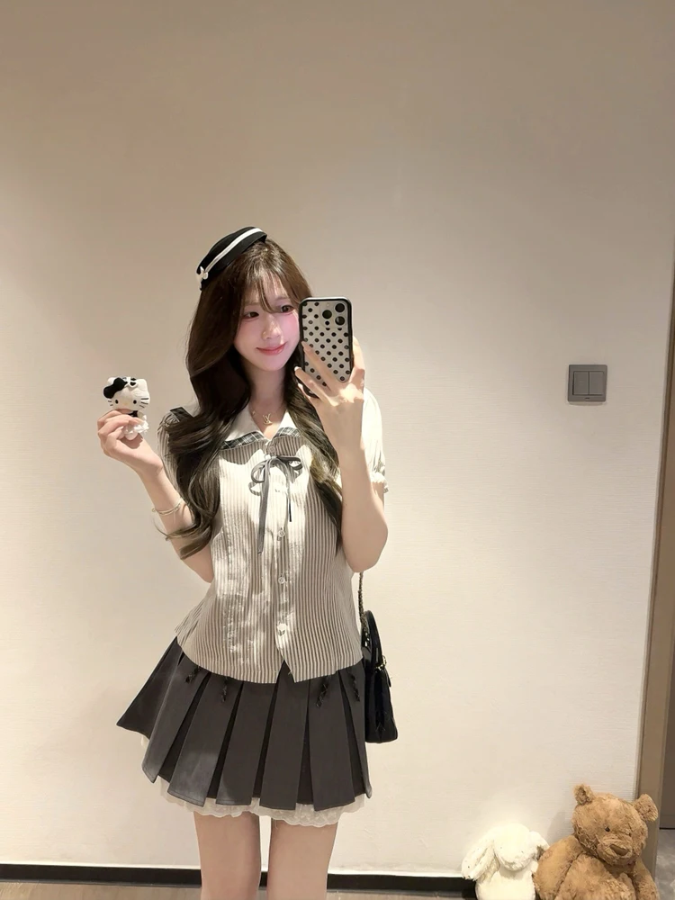 

Summer New Women's Plaid Patchwork Doll Collar Bubble Sleeve Shirt And Half Skirt Two-Piece Set Casual Style Short Sleeve