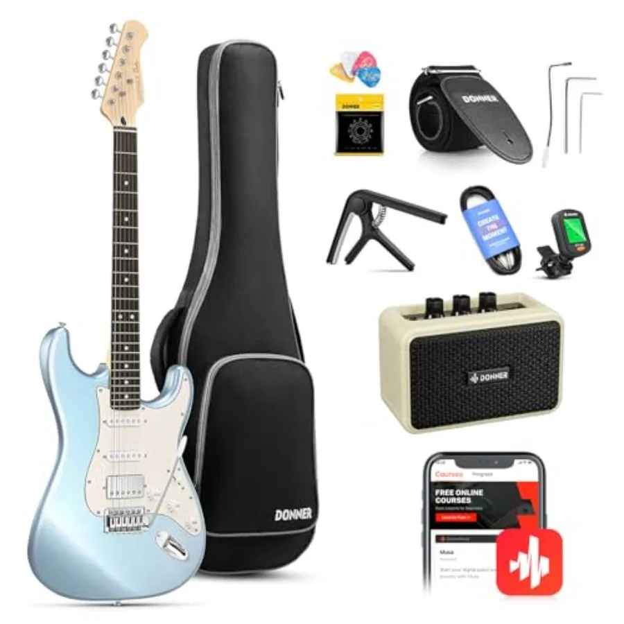 

39 Beginner Electric Guitar Kit with HSS Pickup and Coil Split Metallic Ice Blue Includes Amp Bag and All Accessories for Easy