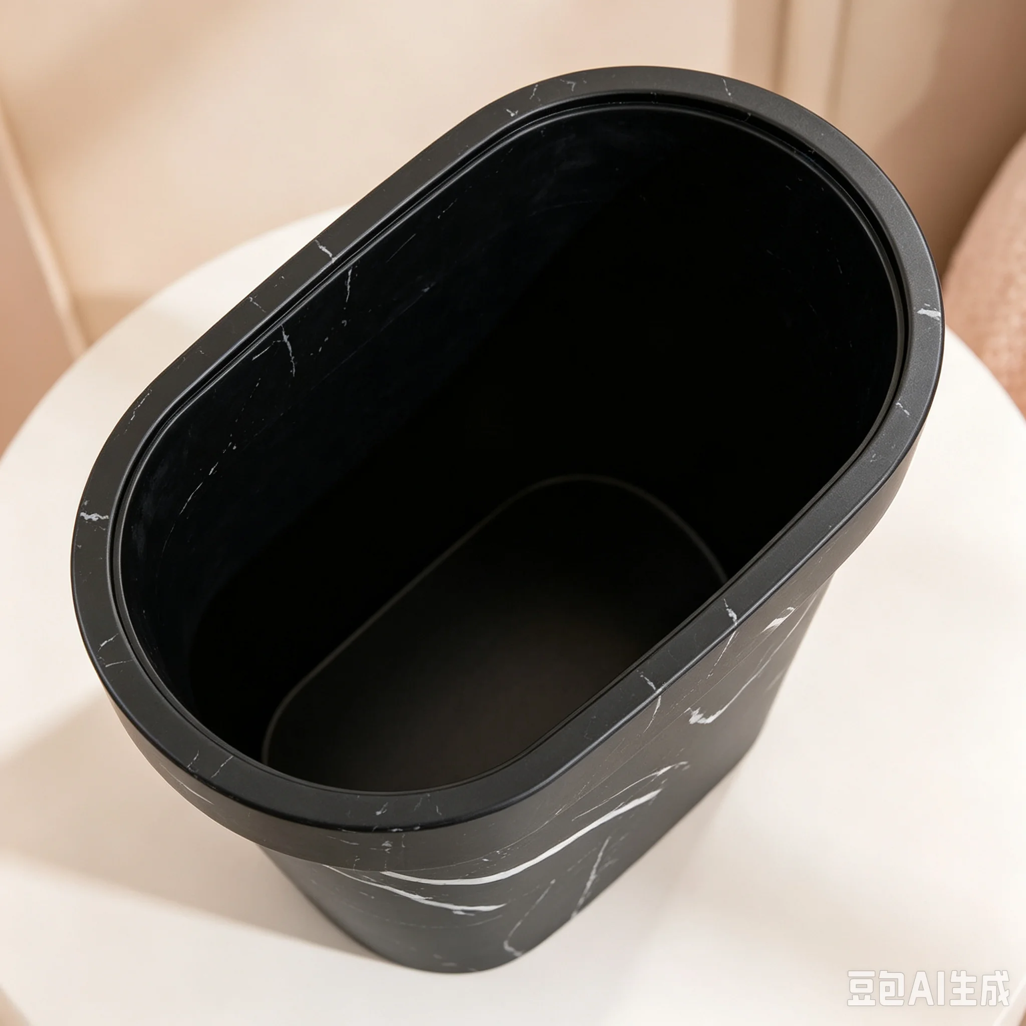Decorative Black Marble Waste Basket, Narrow‑Profile Open‑Top Household Bin, Stylish Oval Waste Container for Apartment Business Space