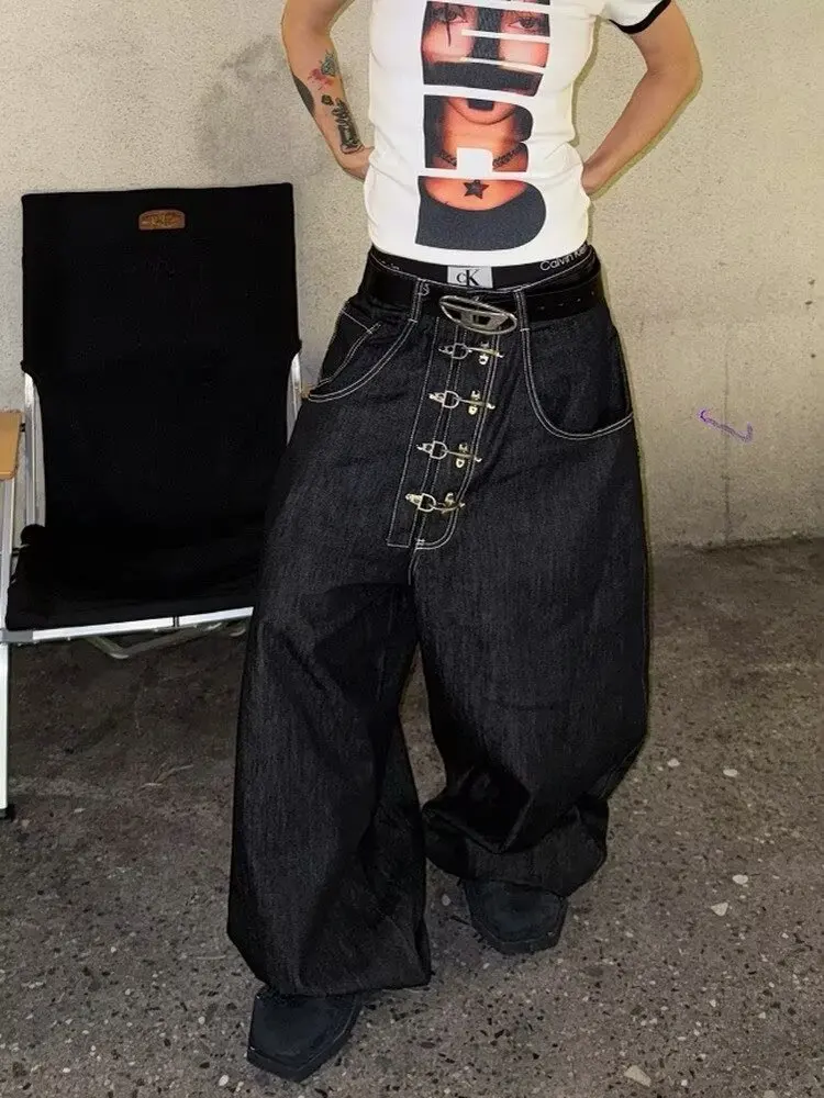 بنطال نسائي عتيق بنمط الشارع بخصر عالٍ وإبزيم معدني منحني وواسع الساق مستقيم من قماش الدنيم الفضفاض