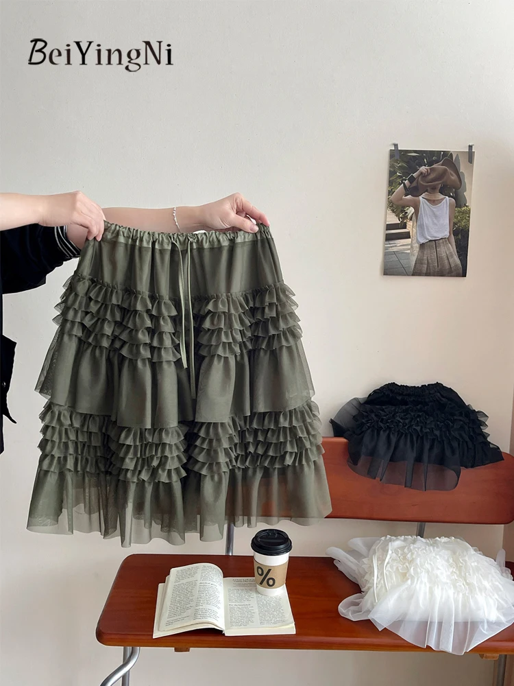 

Beiyingni Korean Casual Sweet Mini Mesh Skirt Women Edible Tree Fungus Princess Fairy Black Skirts Female Solid Color Chic Jupes