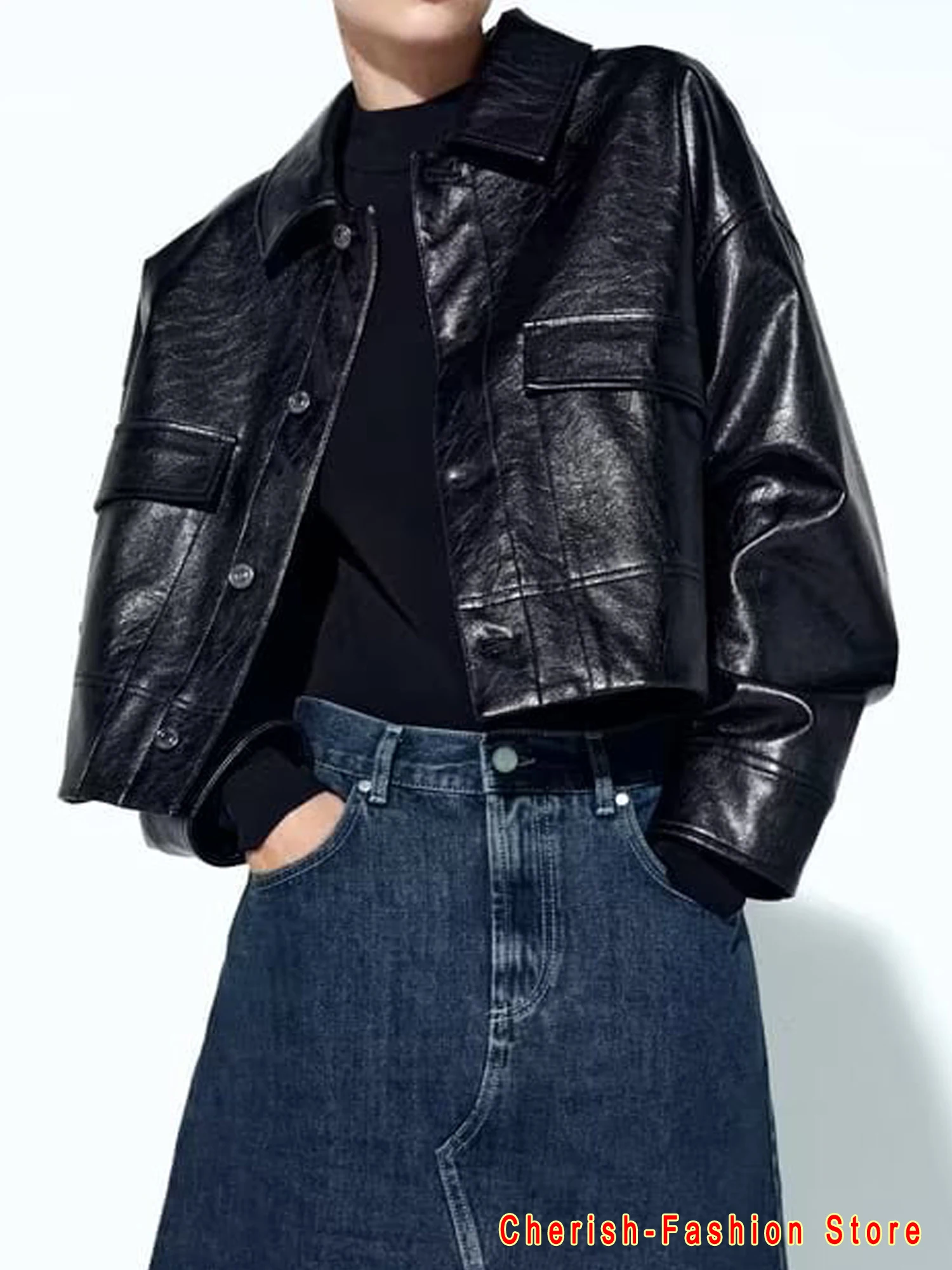 Chaqueta de cuero de manga larga para mujer, abrigo corto informal, holgado, con solapa abierta y botones, con bolsillo, color negro, novedad