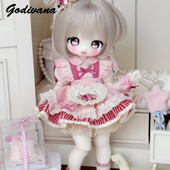 Original 1/6 BJD Doll Clothes Kawaii Sweet Strawberry Embroidery Lolita Dress Lace Ruffle Trim Frilled Maid Outfit for 1/12 BJD