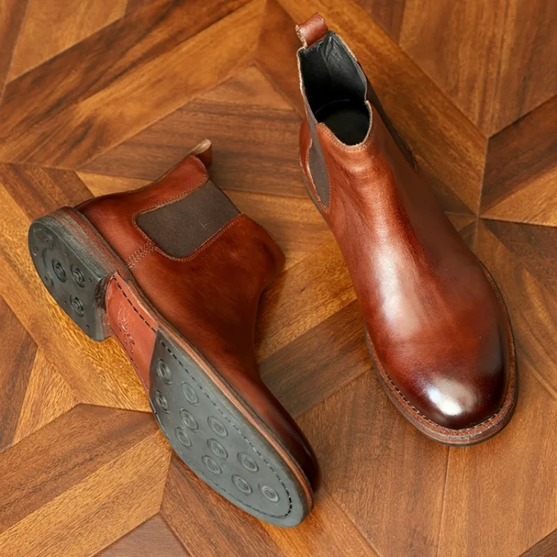 British Commuting Men's Boots Designer Genuine Leather Formal Business Washed Retro Chelsea Boots Male High Top Leather Shoes