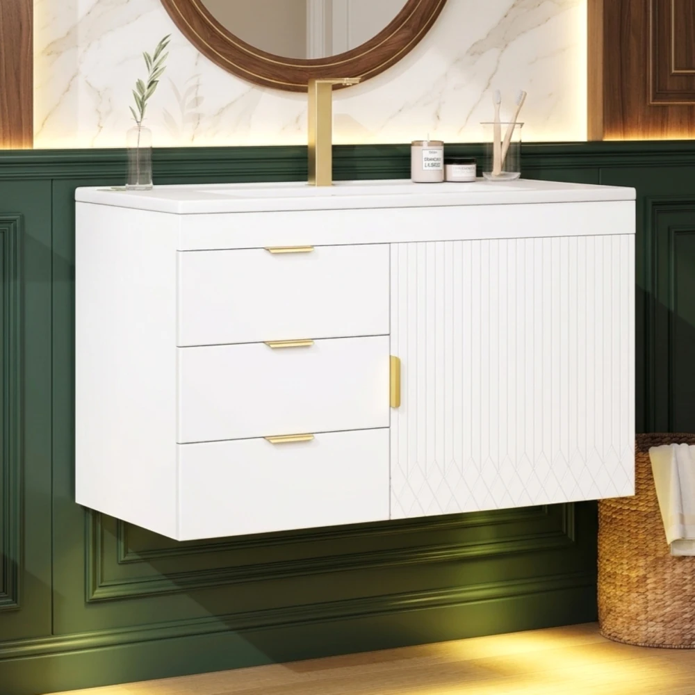 Mobiletto da bagno da parete, 76 cm, con lavabo, finitura effetto legno bianco, cerniere a chiusura ammortizzata, mobiletto sospeso per lavabo, mobiletto contenitore per bagno, senza rubinetto,