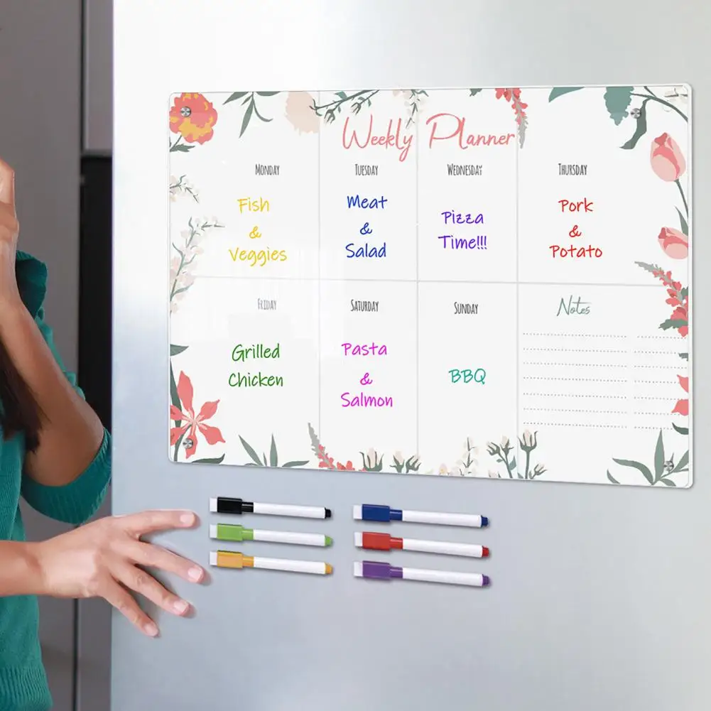 Superficie de escritura suave, pegatinas magnéticas organizadoras de pizarra blanca, planificador semanal de acrílico transparente