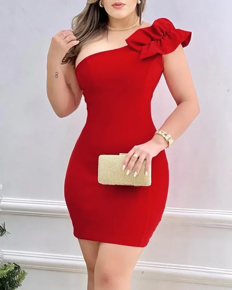 

Summer New Fashion Red Appliques Women Mini Party Dress Bodycon Elegant Ruffle Sexy One Shoulder Birthday Evening Club Vestidos