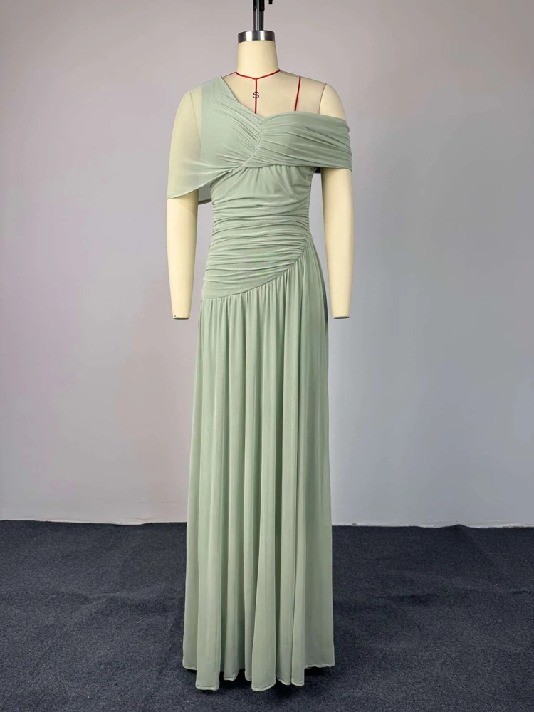 Salbeigrünes Chiffon-Maxikleid für Damen, asymmetrisches, schulterfreies, gerafftes langes Abendkleid, formelles Kleid für Hochzeitsgäste, Brautjungfern und Partys – Detail 7