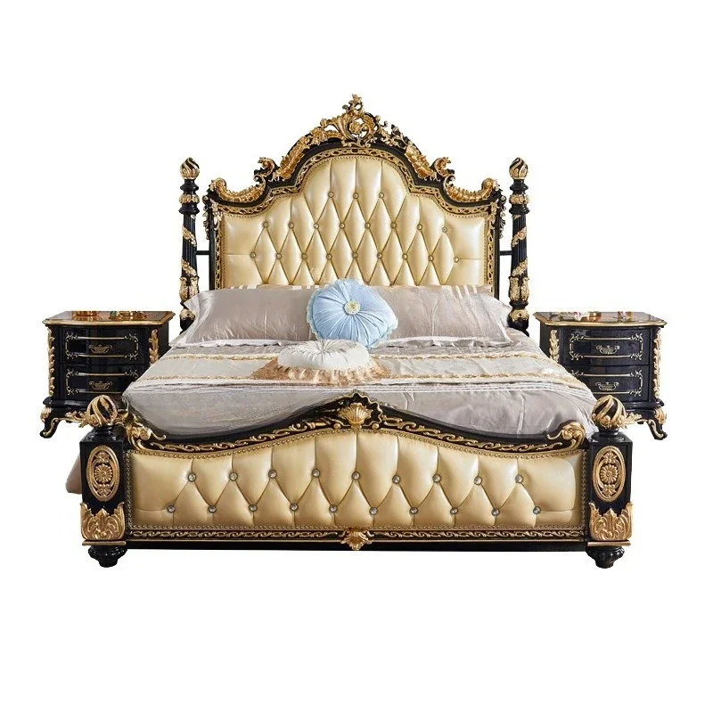 

Hand-carved European solid wood leather bed 1.8 meters double leather bed master bedroom leather double