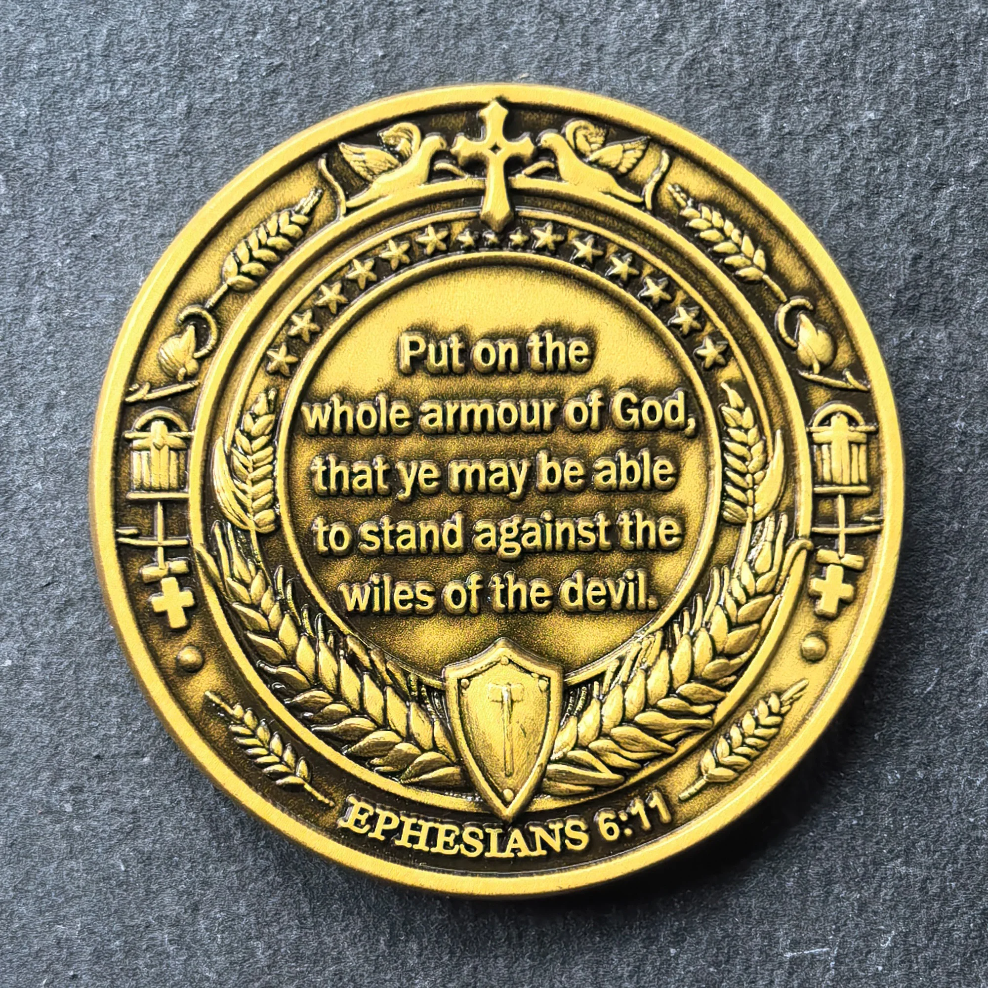 Armor of God Challenge Coin with Ephesians 6:11 Inscription - Ideal for Spiritual Strength and Motivation