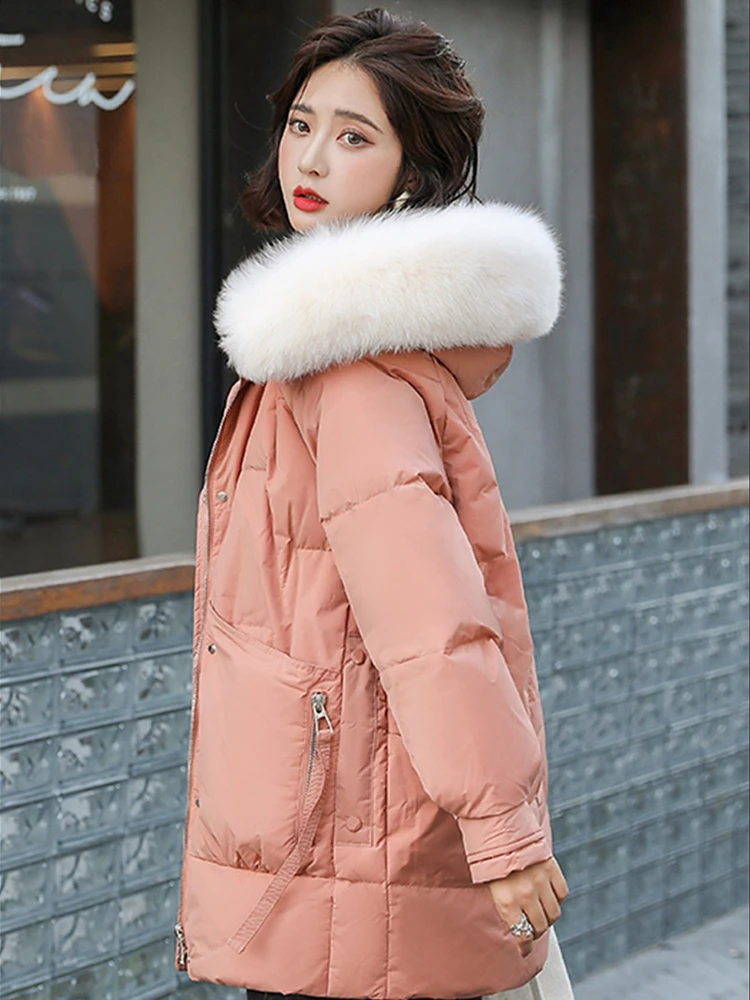 

Mid Length Women Cotton Jackets Design Zipper Warm Padded Coat Loose Snow Outerwear Korean Faux Fur Collar Hooded Winter Parkas