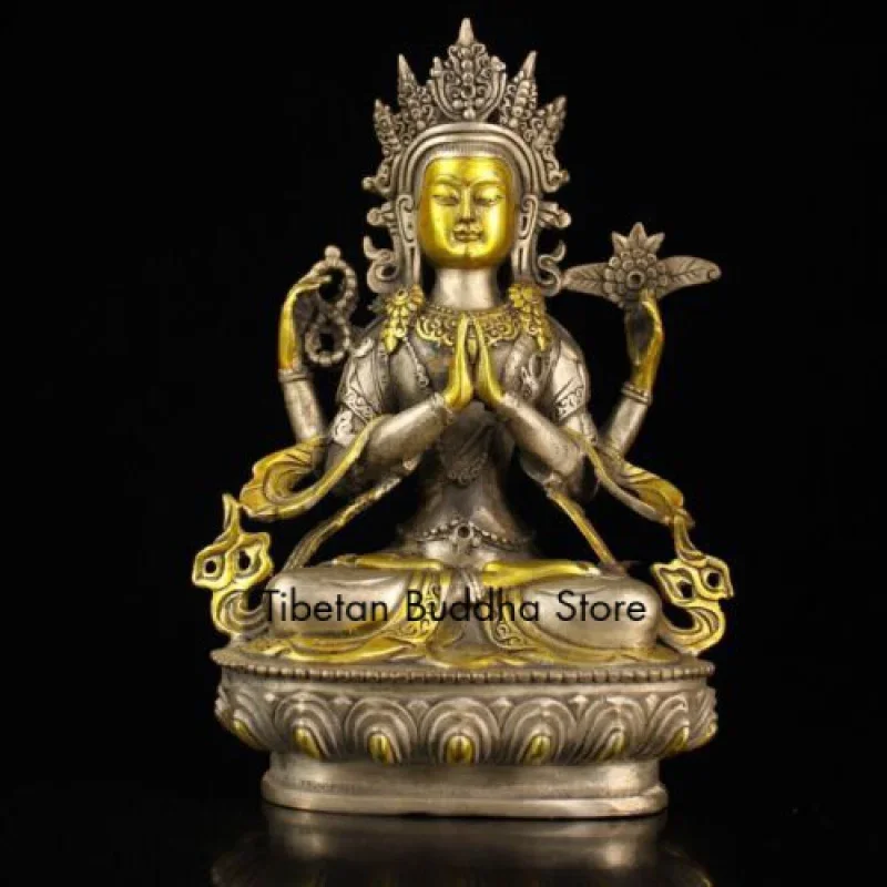 

Chinese Old Tibet Silver Gilt 4 Arms Chenrezig Kwan-Yin Tara Buddha Statue 23863