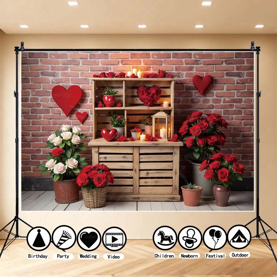 

MOON.QG Valentine's Day Photography Background Heart Balloon Cabinet Brick Wallpaper Backdrop Shooting Props Lover Accessories