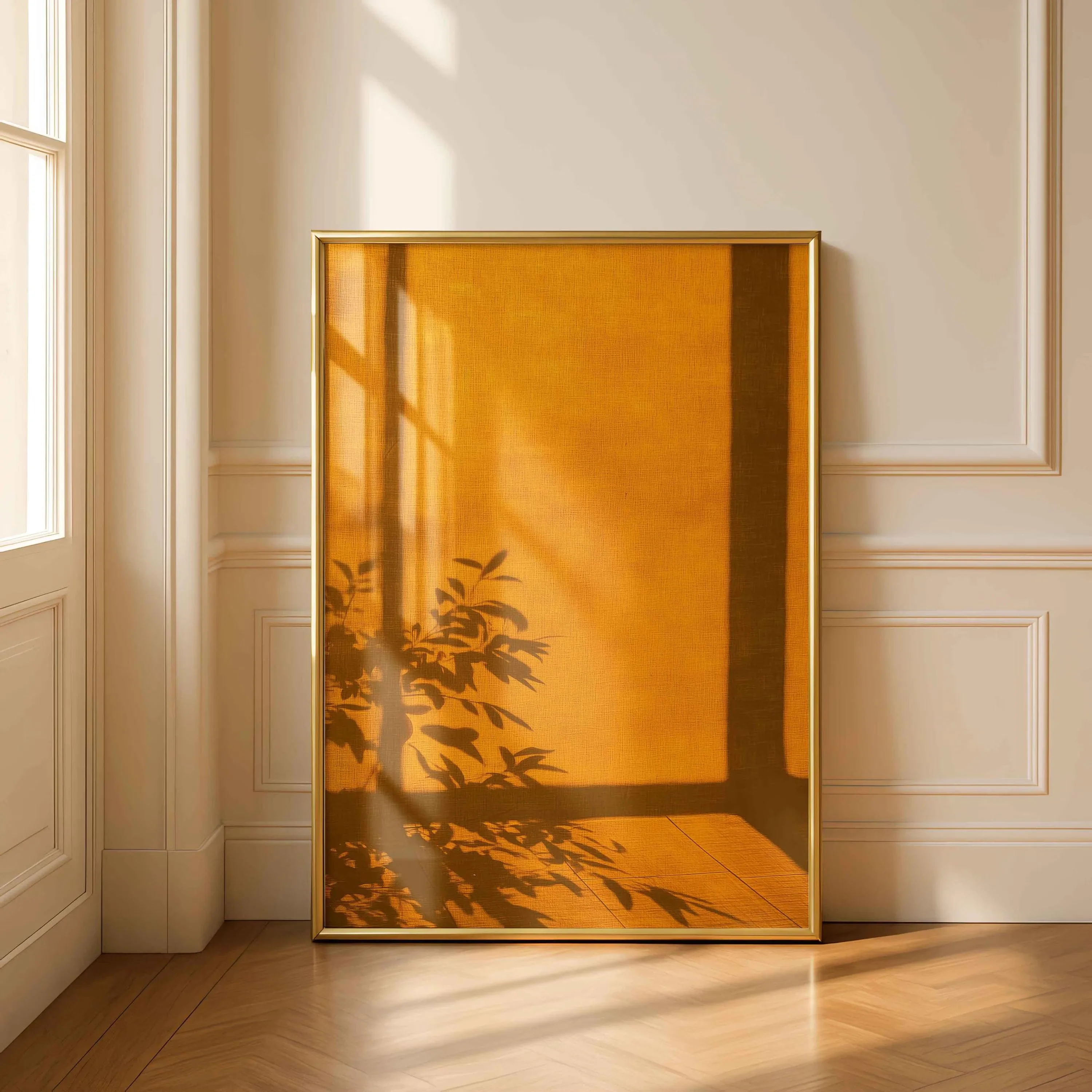 Golden Hour Window Shadow Canvas Printing Minimalist Sunlight Photography Warm Wall Art Poster for Aesthetic Home Decor Gifts